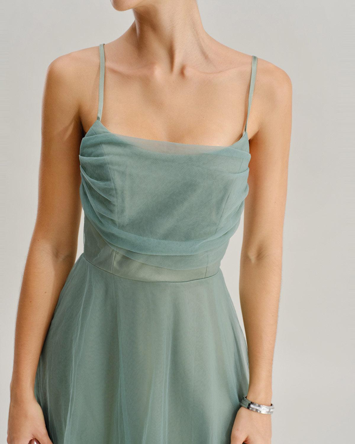 Green Mesh Flowy Slip Midi Dress Product Image