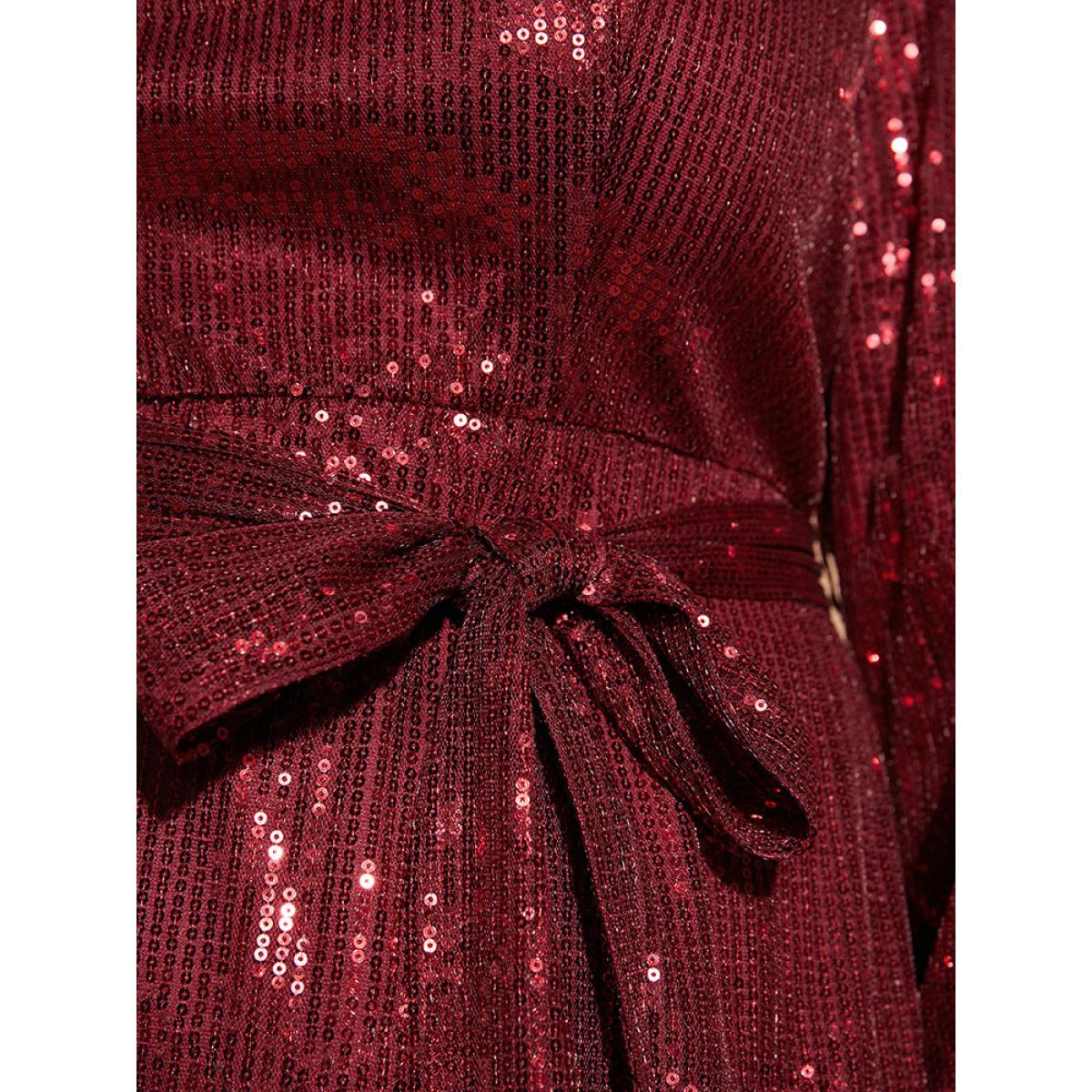 Plus Size Solid Square Neck Lantern Sleeve Belted Sequin Dress Burgundy Women Party Cross straps Square Neck Long Sleeve Curvy Midi Dress BloomChic 26/4X Product Image
