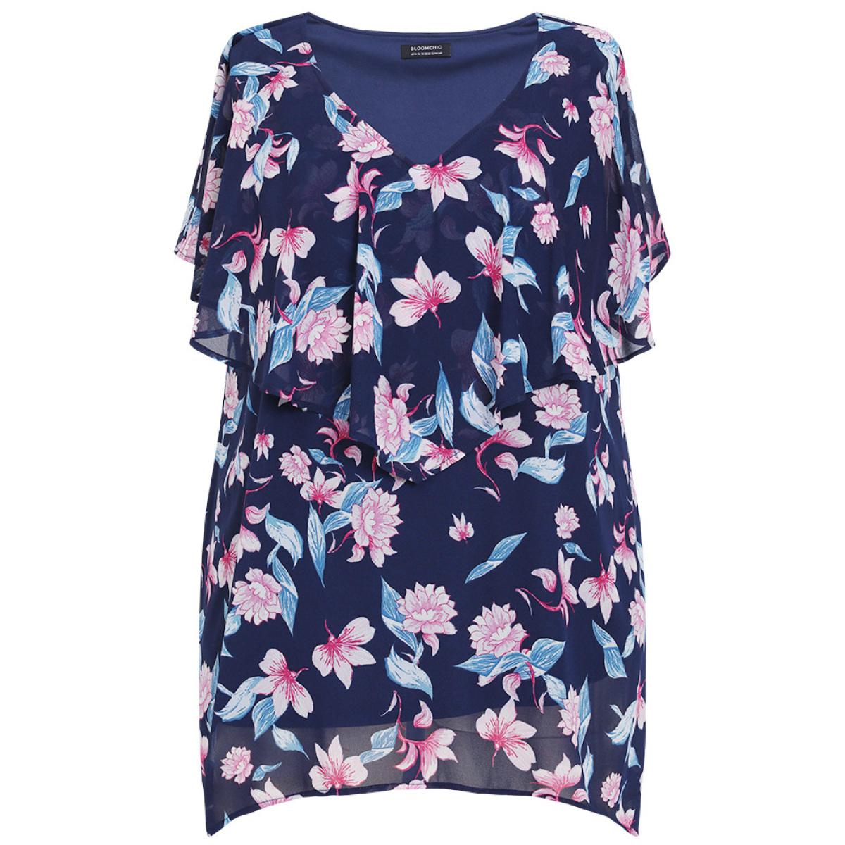 Plus Size Indigo Floral Print Ruffle Trim Asymmetrical Hem Blouse Women Elegant Short sleeve Round Neck Dailywear Blouses BloomChic 10/M Product Image