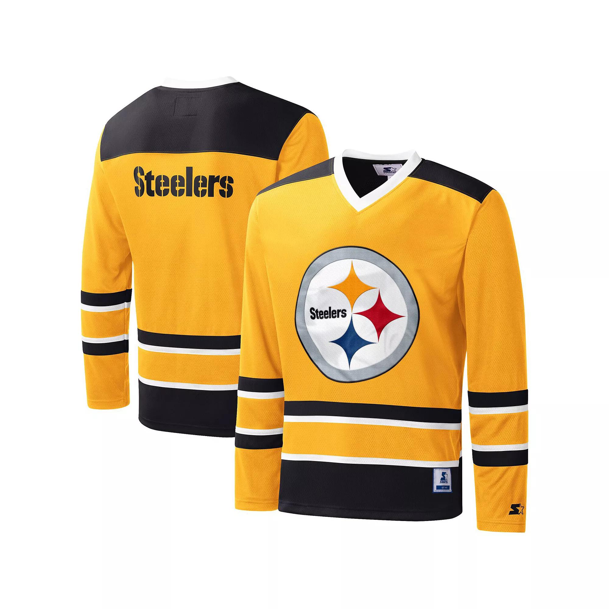 Men's Starter Gold Pittsburgh Steelers Cross-Check V-Neck Long Sleeve T-Shirt,  Product Image