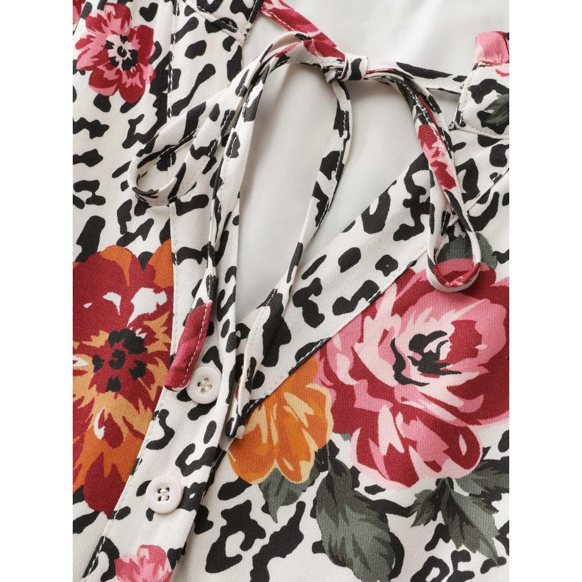 Plus Size Leopard Floral Print Shirred Waist Midi Dress Apricot Women Timeless Tie knot Flat collar with V-notch Long Sleeve Curvy BloomChic 14-16/1X Product Image