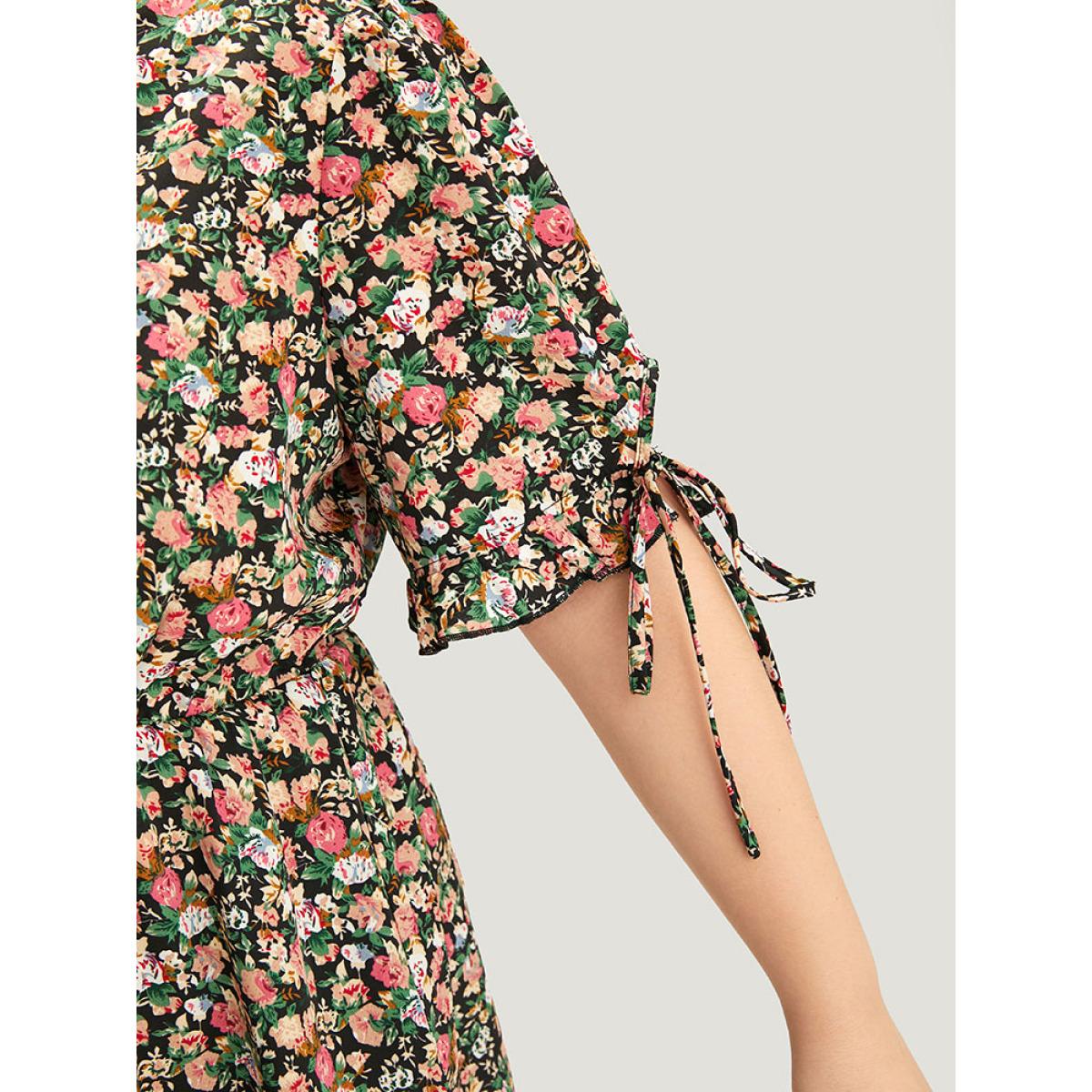 Plus Size Black Ditsy Floral Wrap Ties Gathered Ruffle Hem Blouse Women Elegant Short sleeve V-neck Dailywear Blouses BloomChic 18-20/2X Product Image