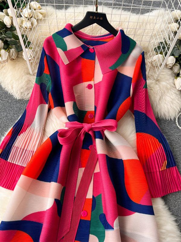 Flared Sleeves Loose Belted Contrast Color Pleated Midi Dresses Product Image