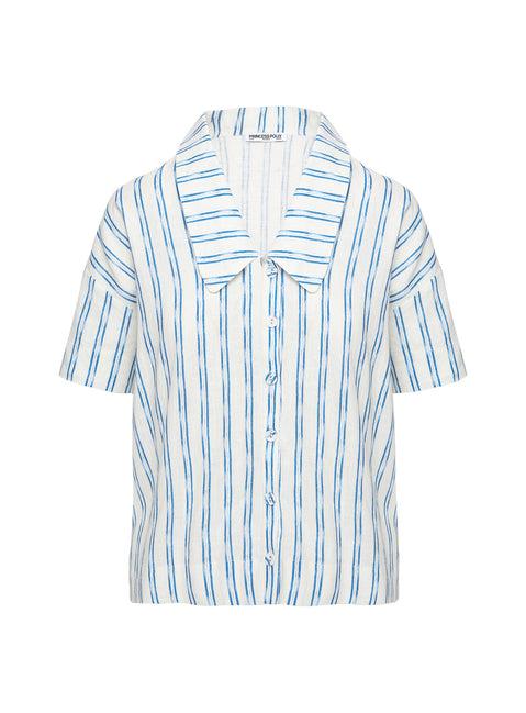 Goody Linen Button Front Top Blue Stripe Product Image