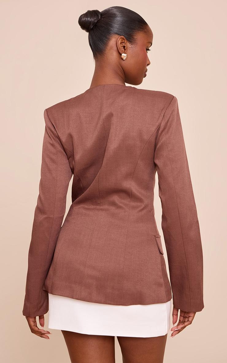  Brown Collarless Cinched Waist Boxy Blazer Product Image