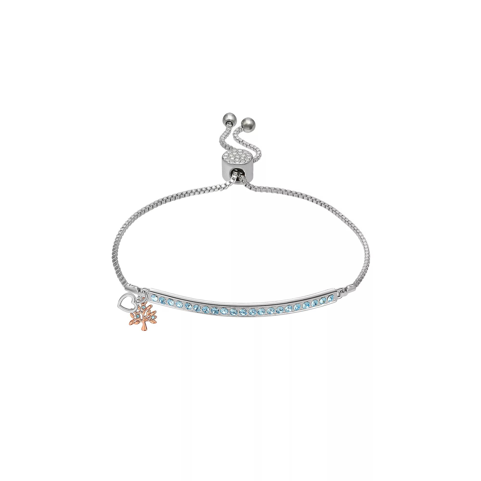 Brilliance Two Tone Fine Aqua Crystal Open Heart & Family Tree Charm Adjustable Bracelet, Women's, Size: 7/8", Silver Tone Product Image