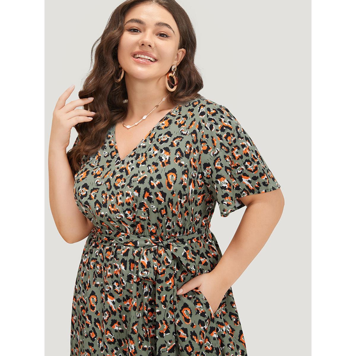 Plus Size Colour Leopard Print Belted Ruffle Hem Pocket Dress ArmyGreen Women Elegant Gathered V-neck Short sleeve Curvy Knee Dress BloomChic 14-16/1X Product Image