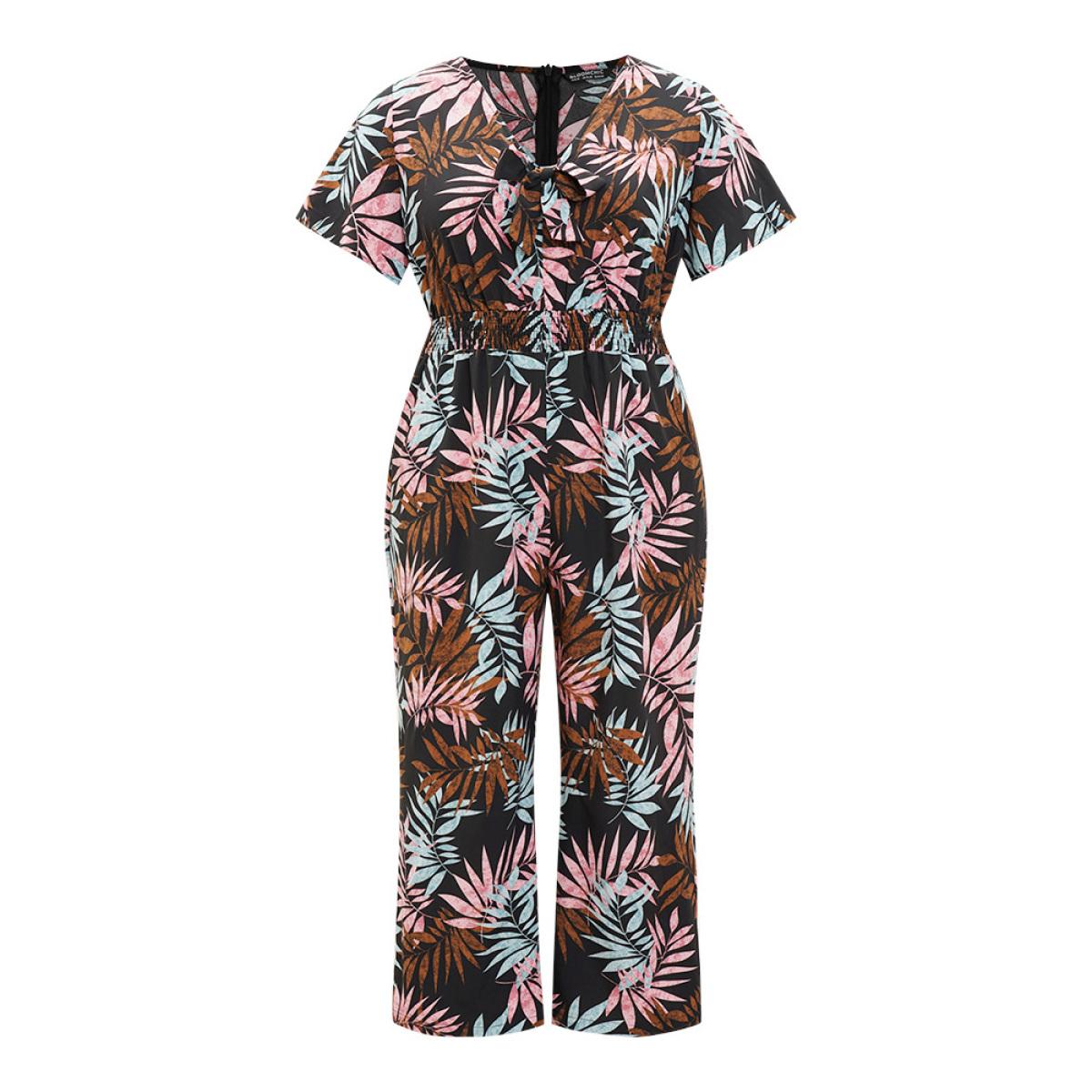 Plus Size Black Tropical Print Knot Neck Shirred Wrap Jumpsuit Women Elegant Short sleeve Tie Neck Dailywear Loose Jumpsuits BloomChic 12/L Product Image