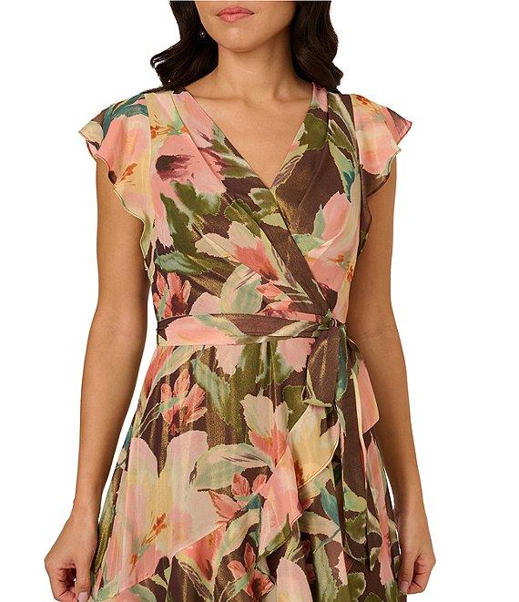 Adrianna Papell Petite Size Chiffon V-Neck Floral Print Short Sleeve High-Low Wrap Midi Dress Product Image