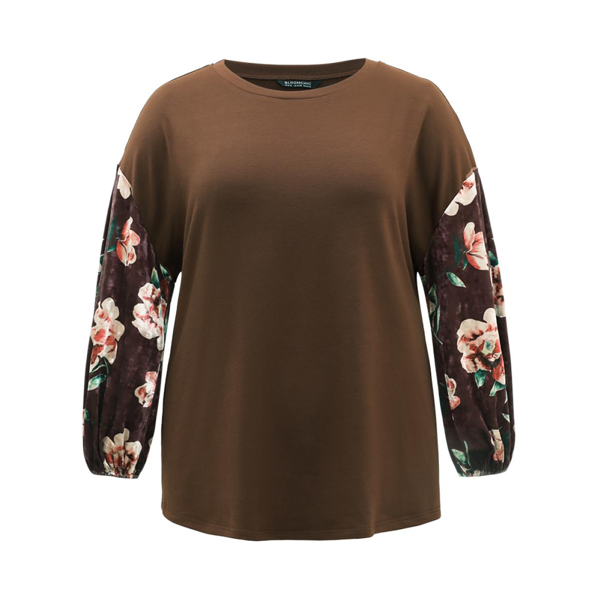 Plus Size Velvet Floral Print Patchwork Contrast Sweatshirt Women DarkBrown Casual Velvet Round Neck Dailywear Sweatshirts BloomChic 30/6X Product Image
