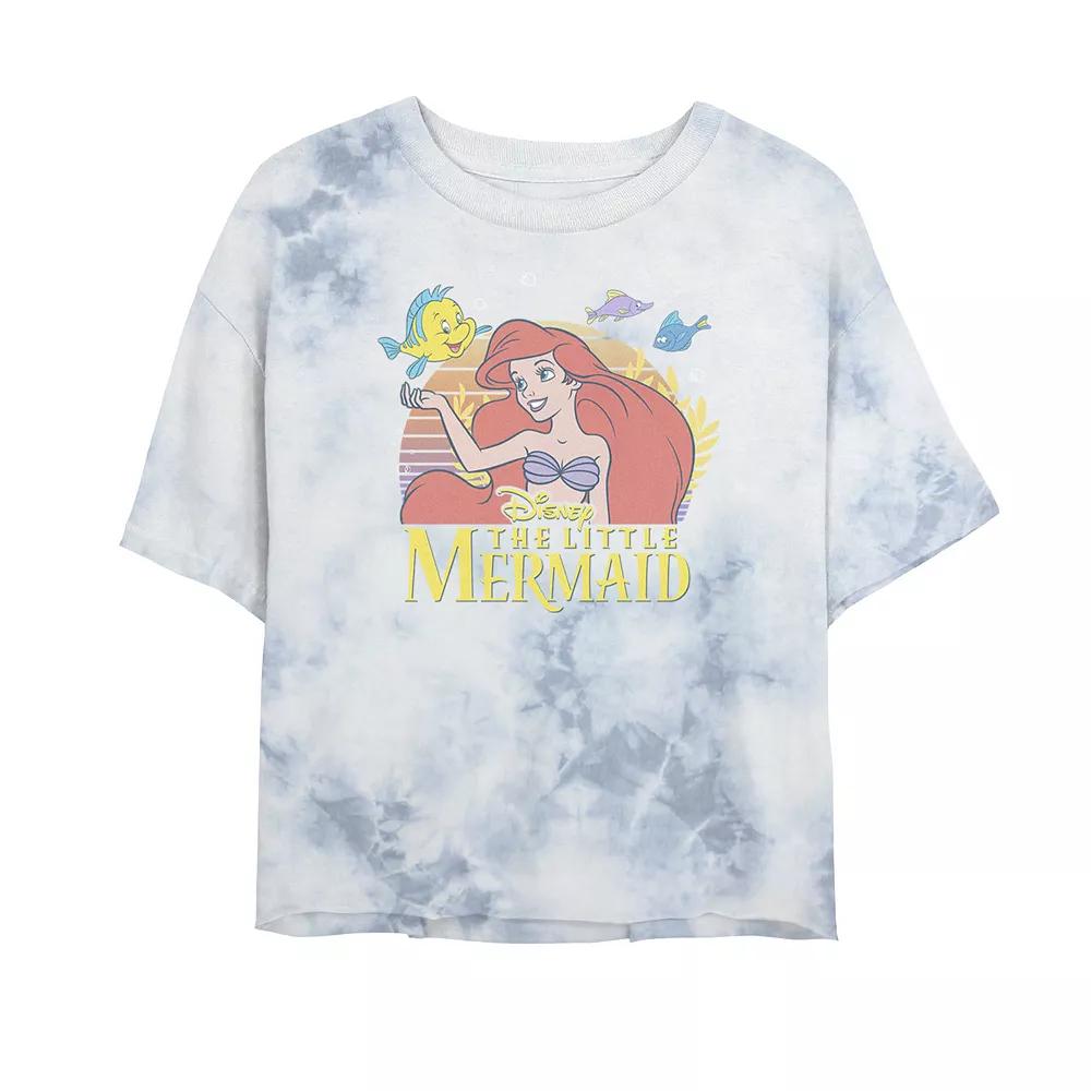 Juniors' Disney Princess Little Mermaid Ariel Flounder Logo Bombard Wash Crop Graphic Tee, Women's, Size: XL, White Blue Product Image