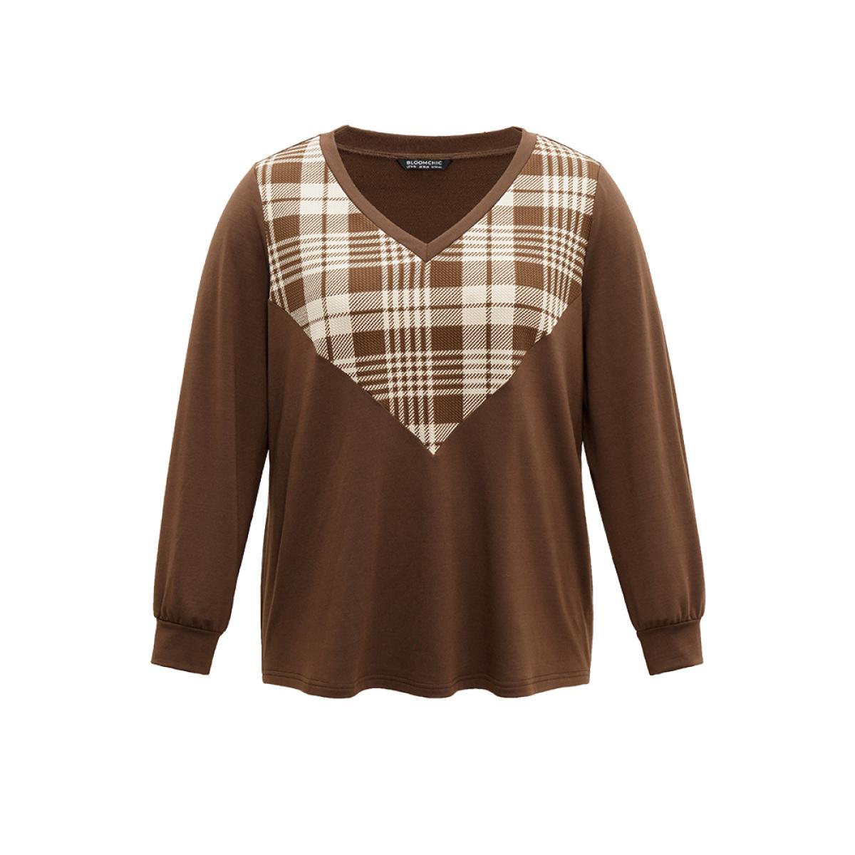 Plus Size Plaid V Neck Patchwork Elastic Cuffs Sweatshirt Women DarkBrown Casual Contrast V-neck Festival-Christmas Sweatshirts BloomChic 18-20/2X Product Image