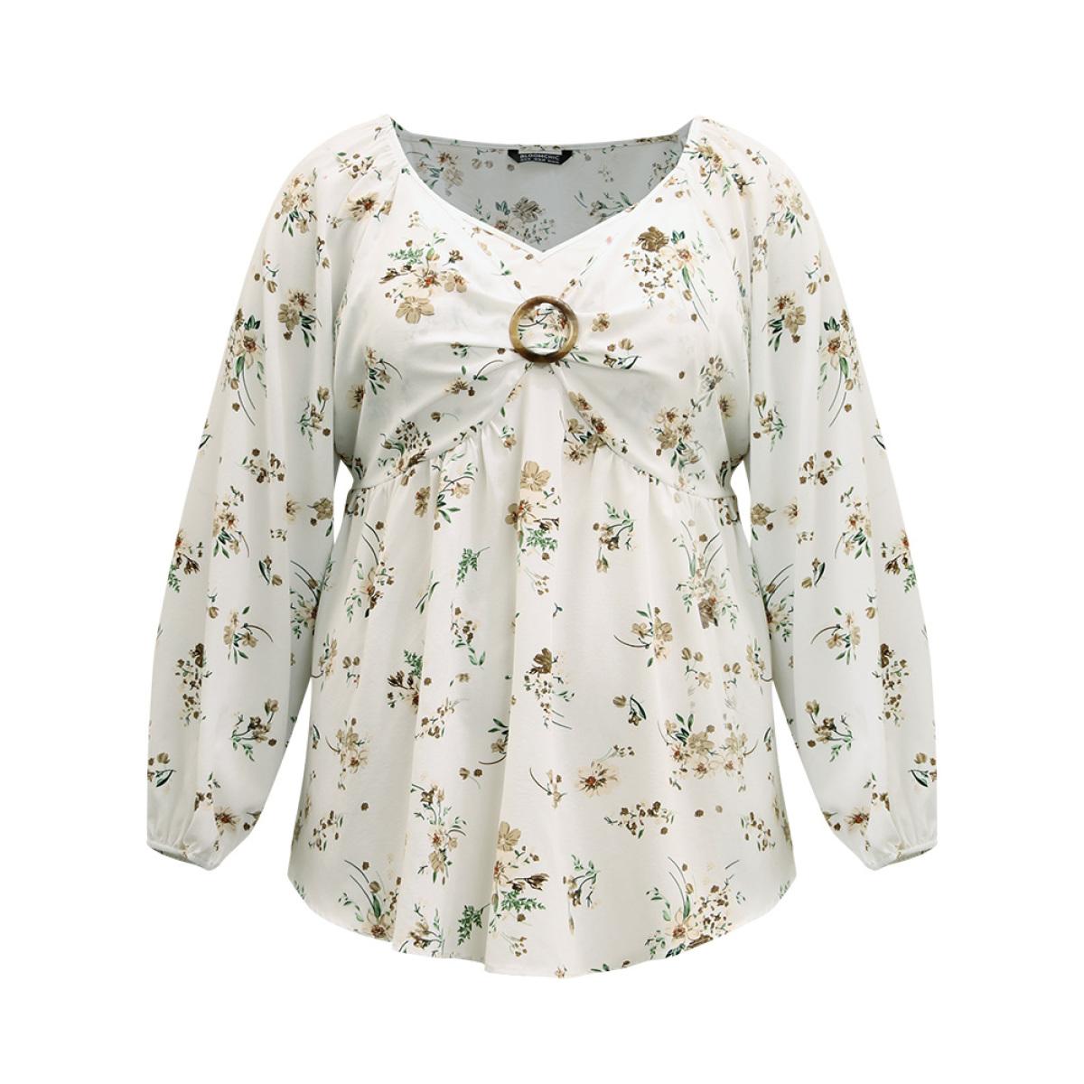Plus Size Ivory Floral Print Buckle Detail Gathered Bell Sleeve Blouse Women Elegant Long Sleeve V-neck Dailywear Blouses BloomChic 14-16/1X Product Image