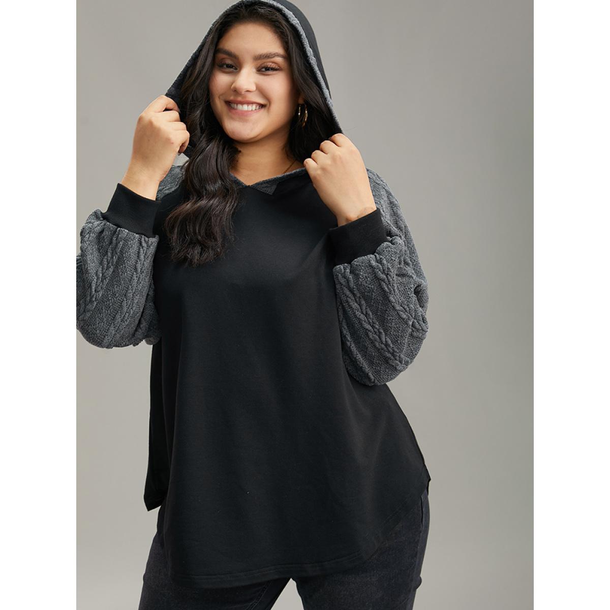 Plus Size Rib Knit Cable Knit Patchwork Hooded Sweatshirt Women Black Casual Elastic cuffs Hooded Dailywear Sweatshirts BloomChic 26/4X Product Image