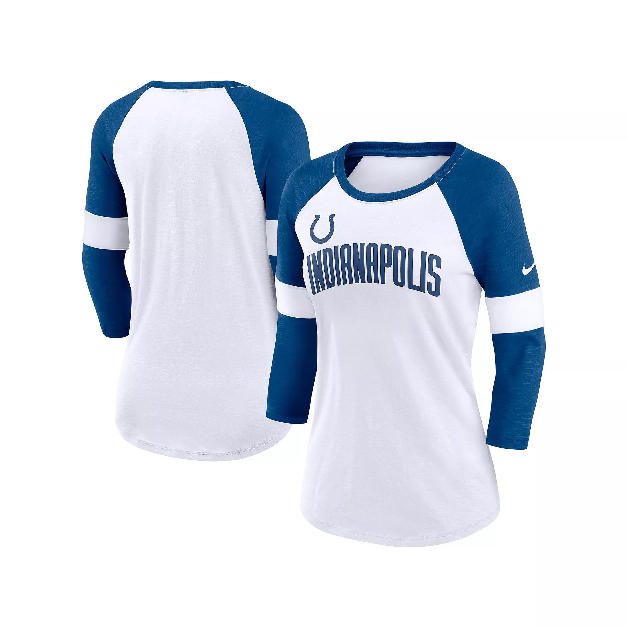 Women's Nike Indianapolis Colts White/Heathered Royal Football Pride Slub 3/4 Raglan Sleeve T-Shirt, Size: Large Product Image