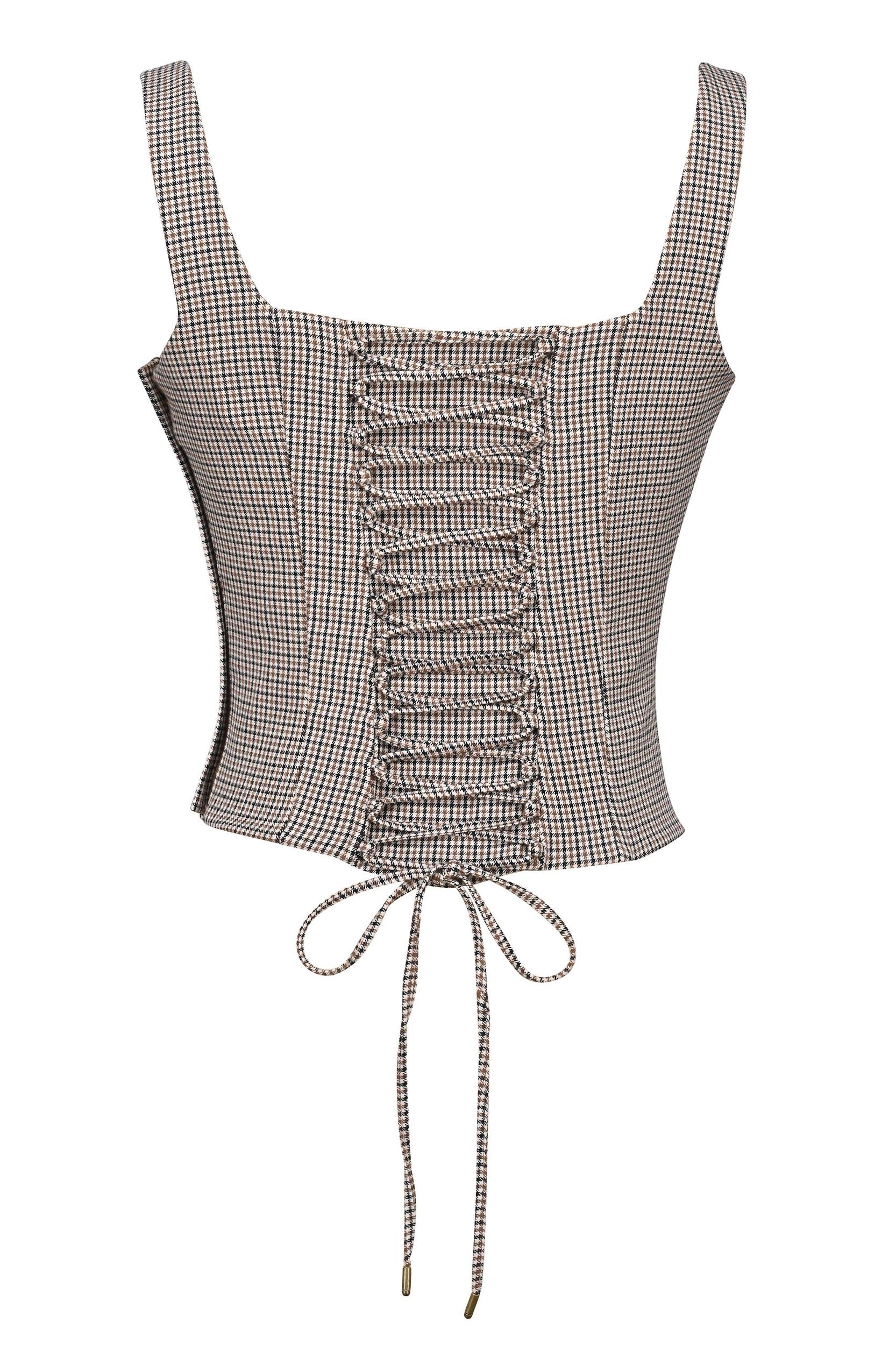 Selma  brown puppytooth boned corset top Product Image