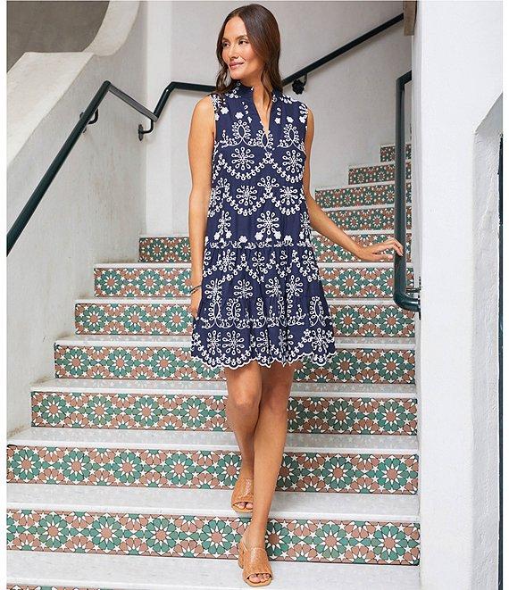 Karen Kane Petite Size Sleeveless Eyelet Split V-Neck Scalloped Hemline A-Line Dress Product Image