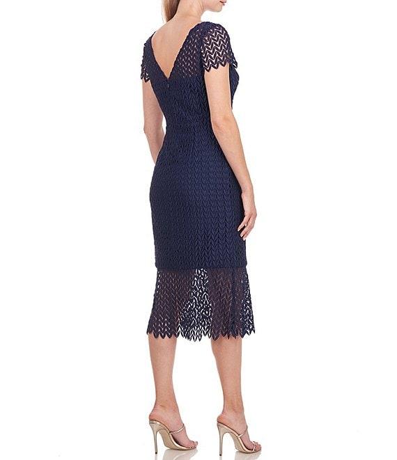 Kay Unger Flounce Hem Illusion Lace Short Sleeve Boat Neck Scalloped Midi Sheath Dress Product Image
