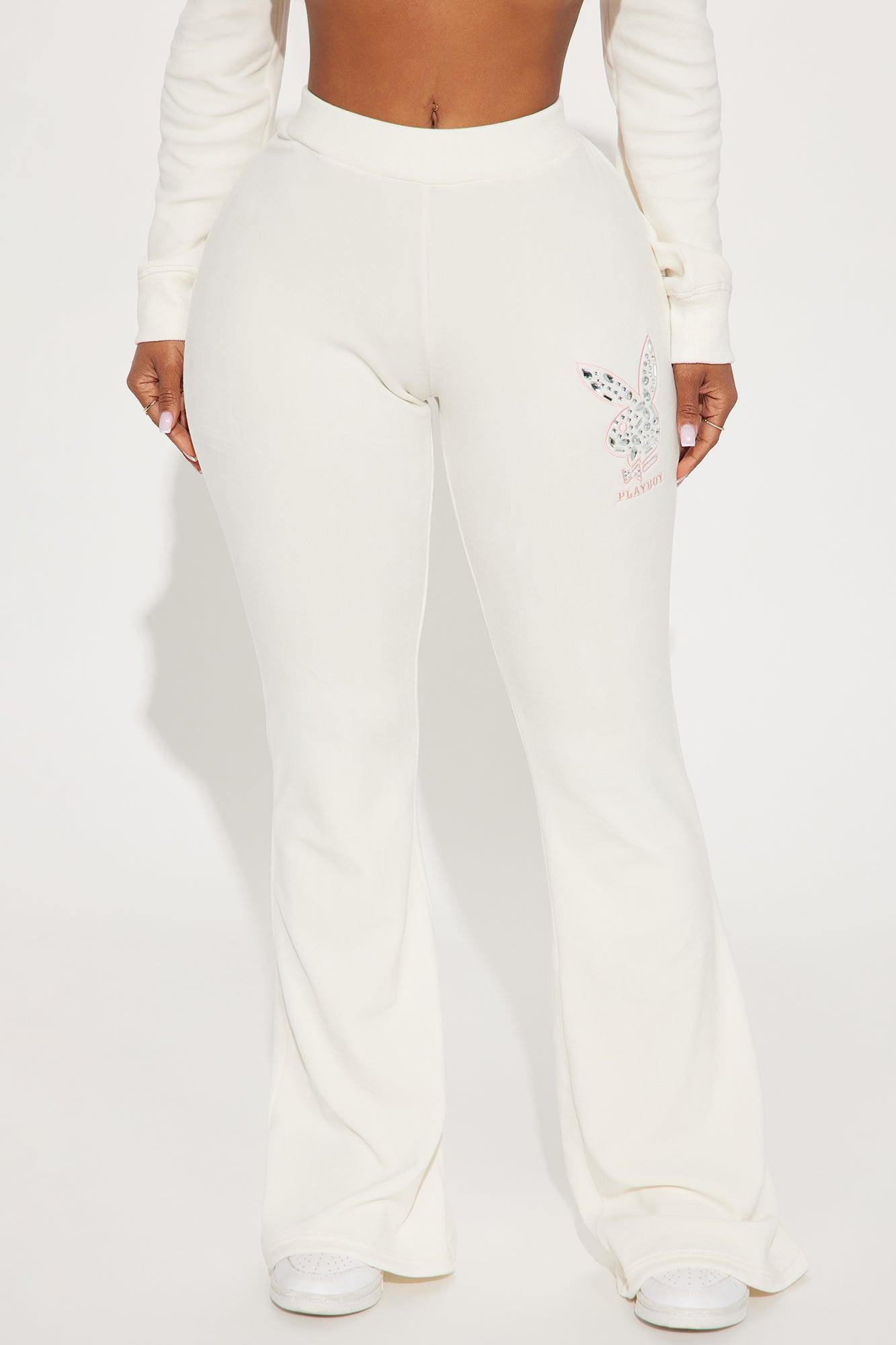 Playboy Rhinestone Velour Flared Pant - Cream Product Image