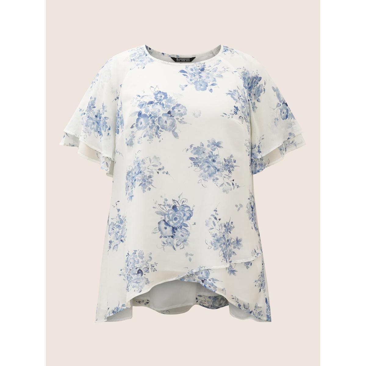 Plus Size Originalwhite Chiffon Floral Tiered Ruffles Raglan Sleeve Blouse Women Elegant Half Sleeve Round Neck Everyday Blouses BloomChic 14-16/1X Product Image