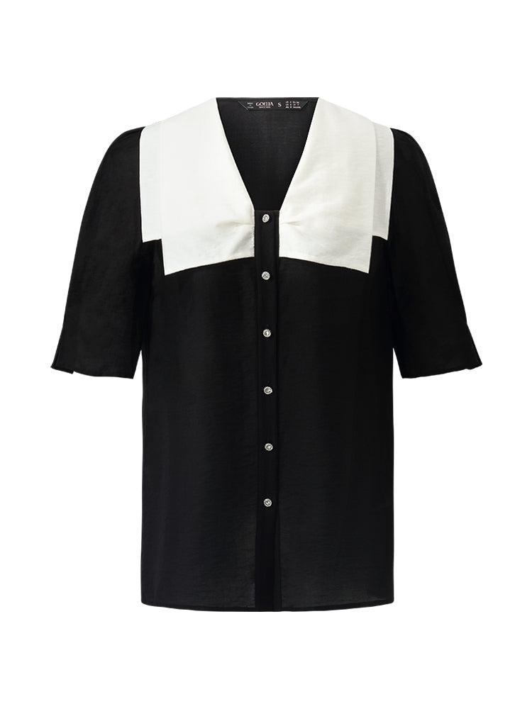 Tencel Patchwork Lapel Women Shirt Product Image