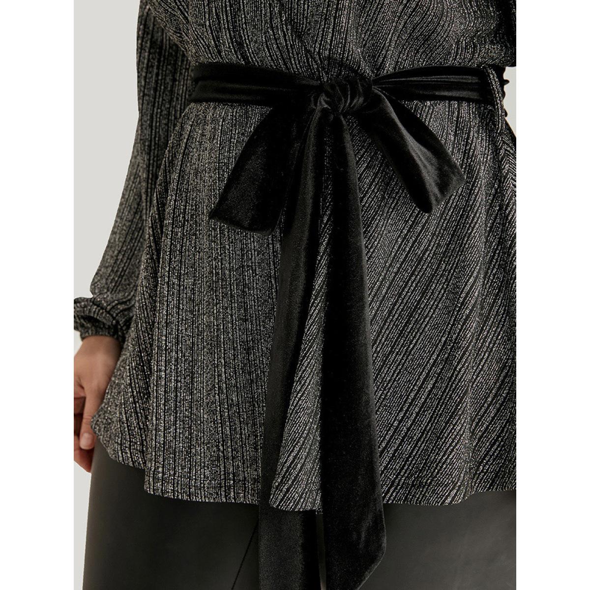 Plus Size Black Solid Wrap Lantern Sleeve Belted Sequin Blouse Women Party Long Sleeve V-neck Going out Blouses BloomChic 10/M Product Image