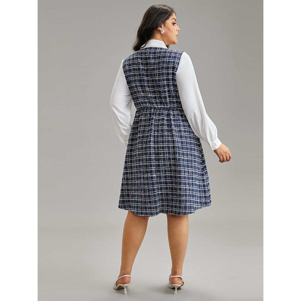 Plus Size Plaid Patchwork Pocket Button Detail Ties Dress DarkBlue Women Elegant Cross straps Tie Neck Long Sleeve Curvy Midi Dress BloomChic 22-24/3X Product Image