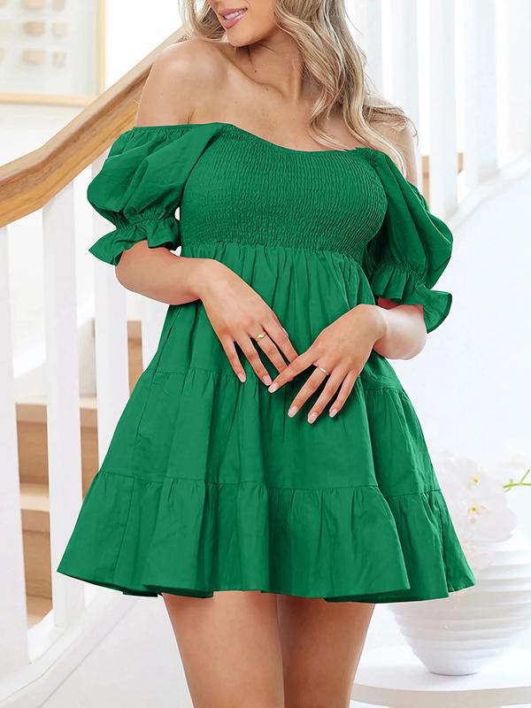 Loose Puff Sleeves Elasticity Pleated Solid Color Split-Joint Tiered Off-the-shoulder Mini Dresses Product Image