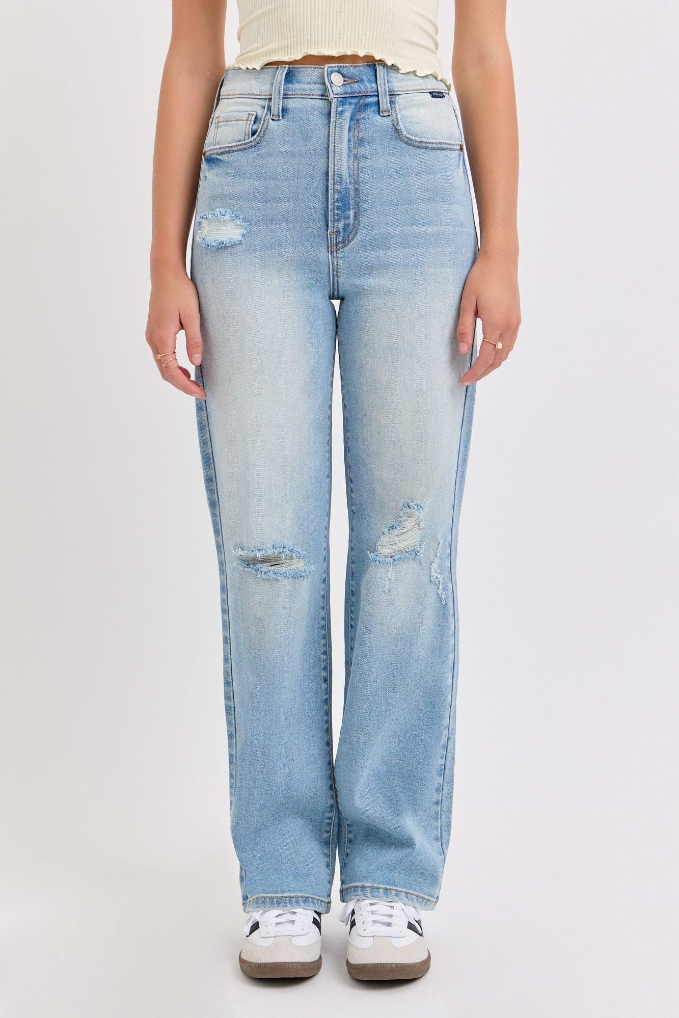 Light Wash Super High Rise Distressed Dad Jeans - FINAL SALE Product Image