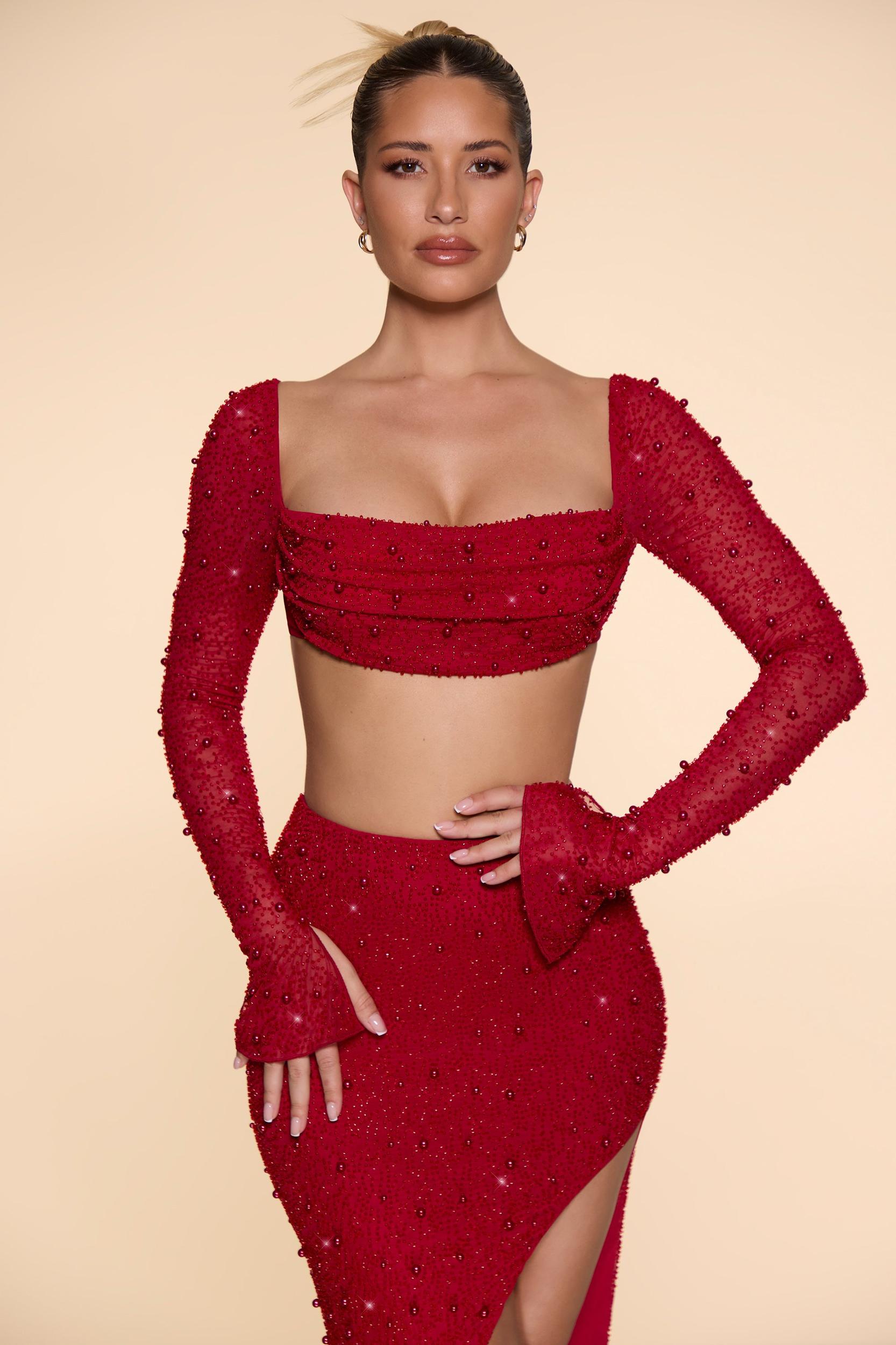 Embellished Cowl Neck Crop Top in Red Product Image