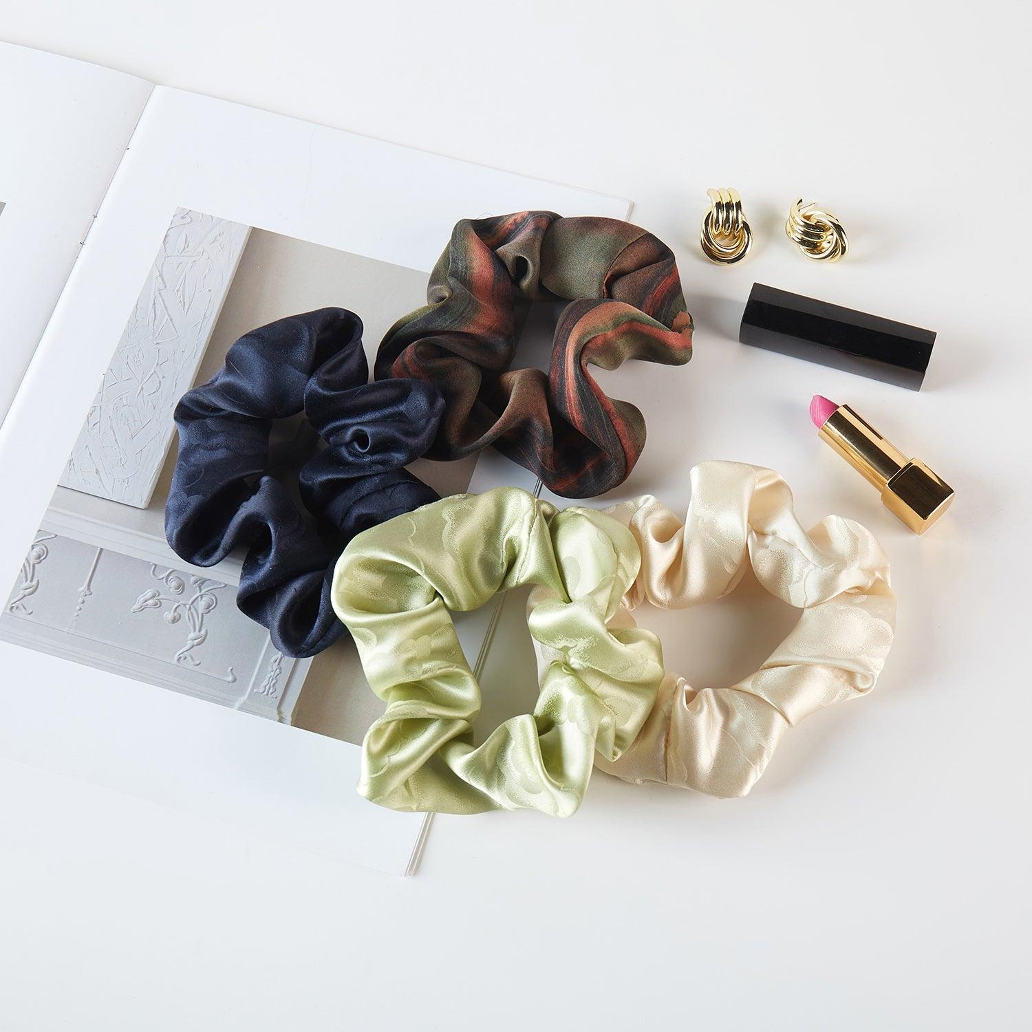 Set of 4 Pure Mulberry Silk French Scrunchie | Clouds and Rivers | Jacquard Silk & Tea Silk | 2 inch | 20 Momme | Brush Collection Product Image