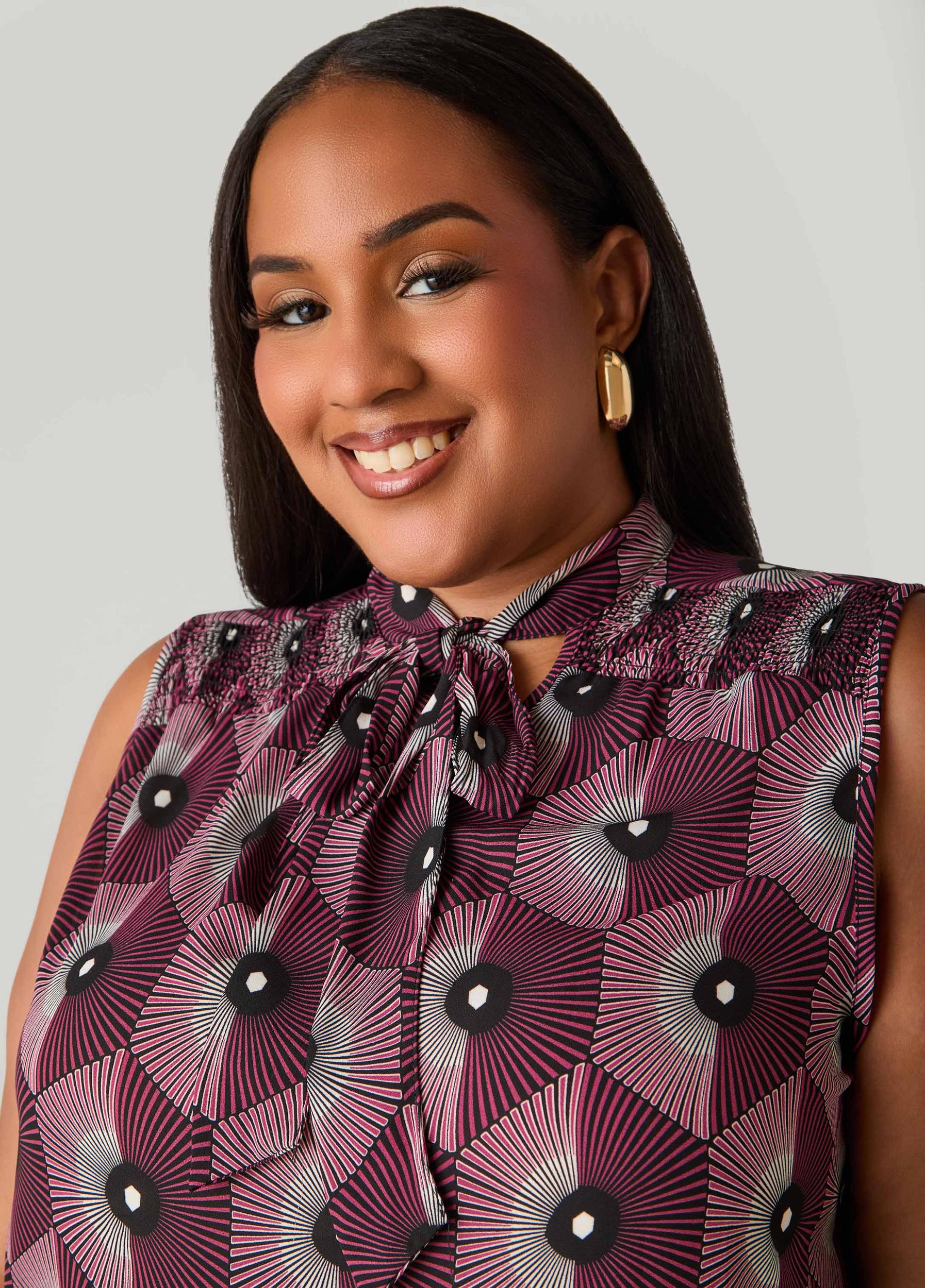 Geo Print Tie Neck Blouse Product Image