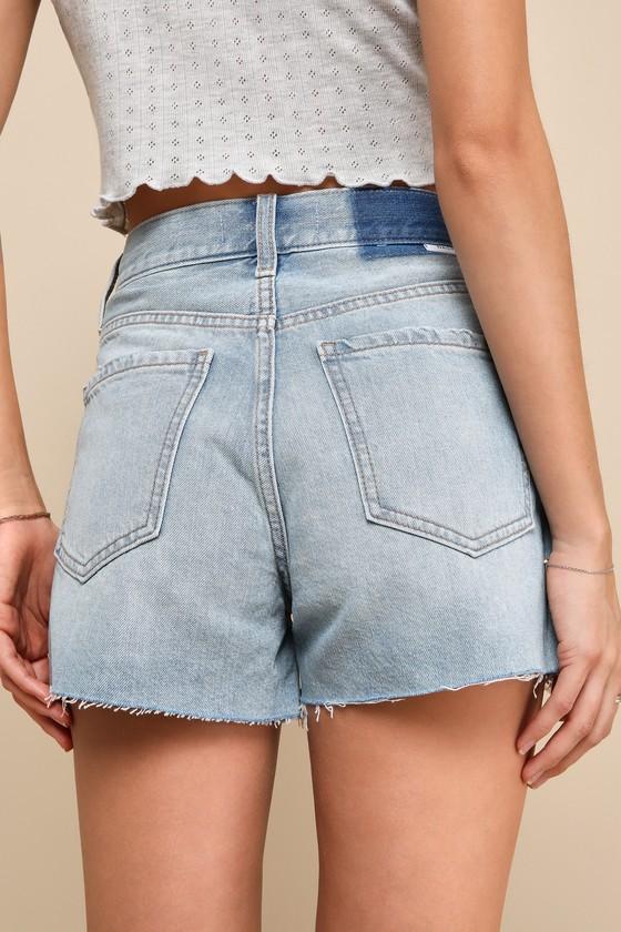 Troublemaker Light Wash Denim Distressed High-Rise Shorts Product Image