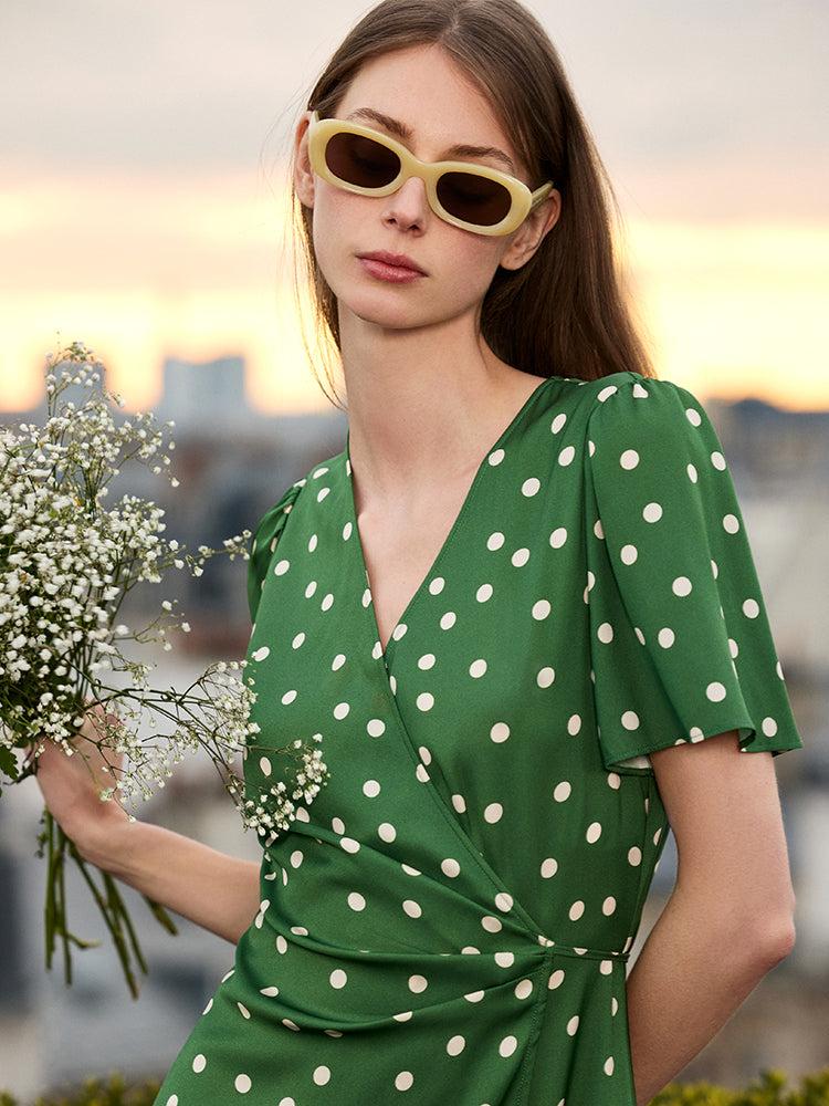 19 Momme Mulberry Silk Polka Dots Print Ruffle Women Mini Dress With S Product Image