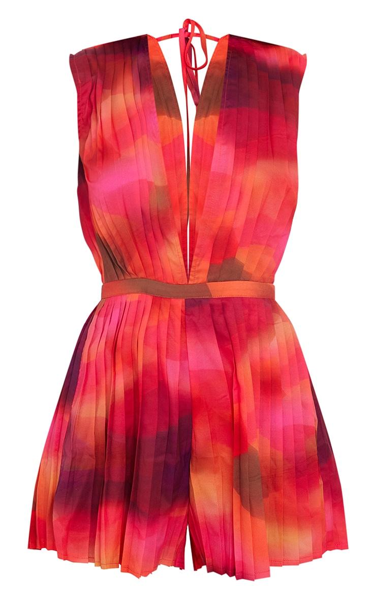 Pink Wave Print Pleated Shoulder Pad Plunge Romper Product Image
