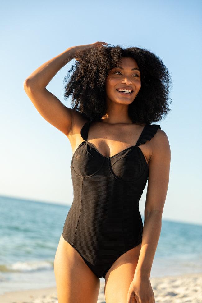 Ride The Waves Black Ruffle Shoulder One Piece Swimsuit FINAL SALE Product Image
