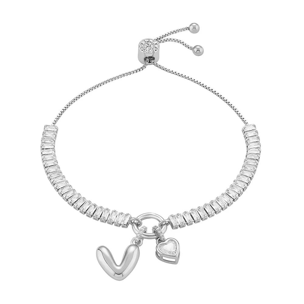 Brilliance Cubic Zirconia Heart & Polished Bubble Initial Charm Adjustable Bracelet, Women's, Size: 4-10" ADJ, Silver Tone V Product Image