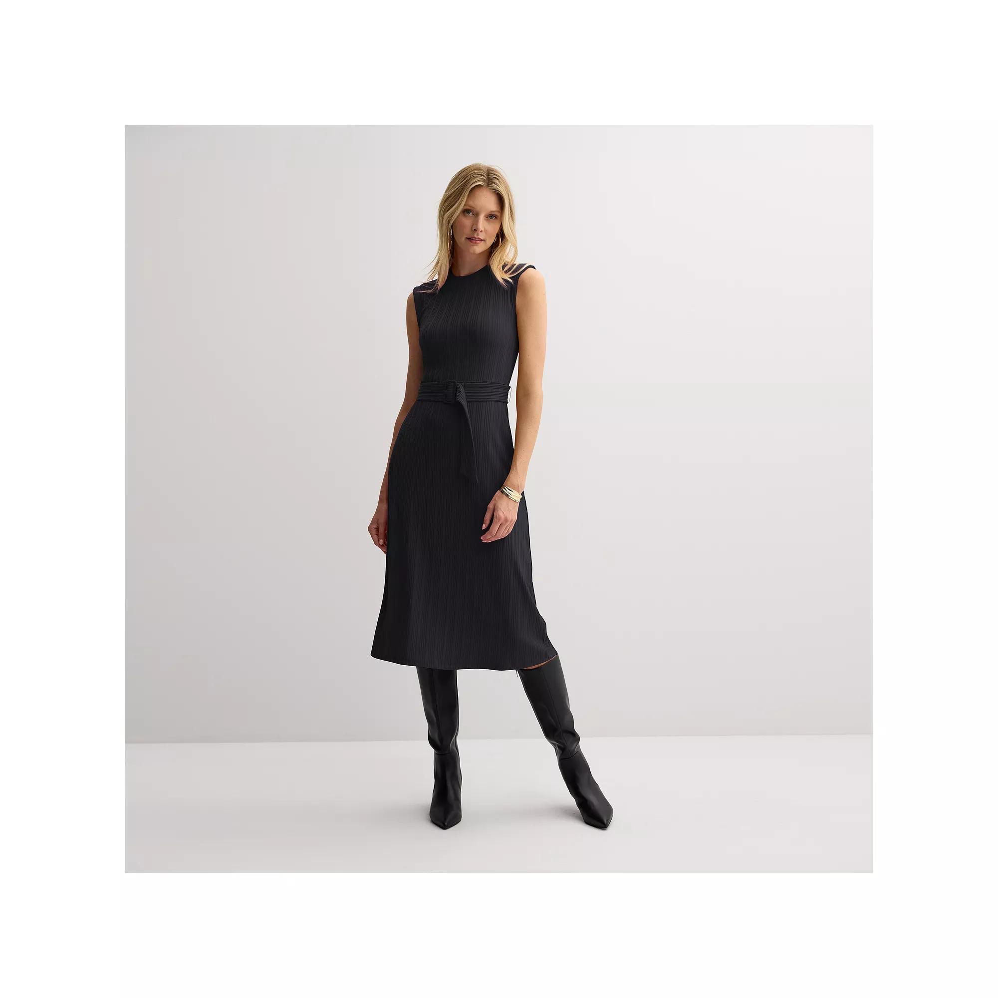 Women's Nine West Belted Rib Midi Dress, Size: XS, Mineral Black Product Image