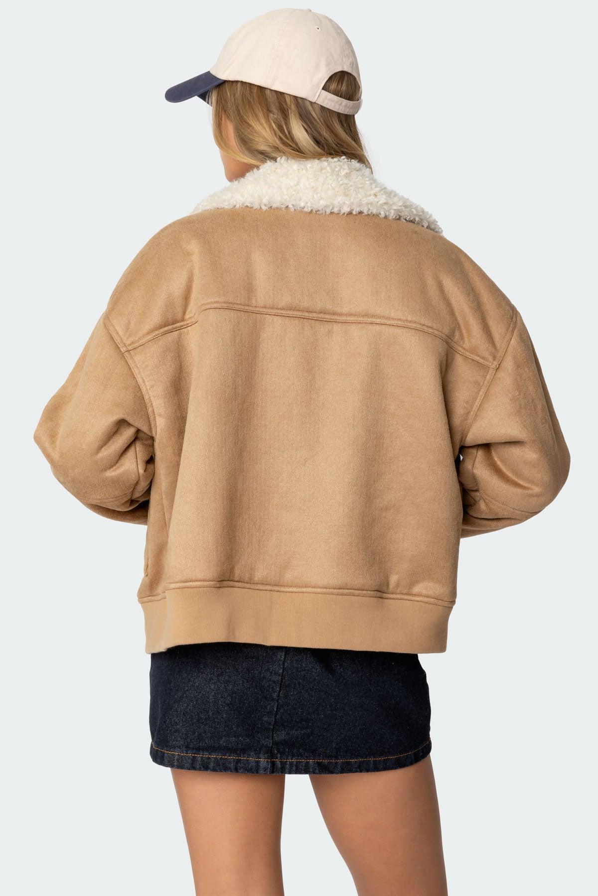 Faux Suede Shearling Bomber Jacket Product Image