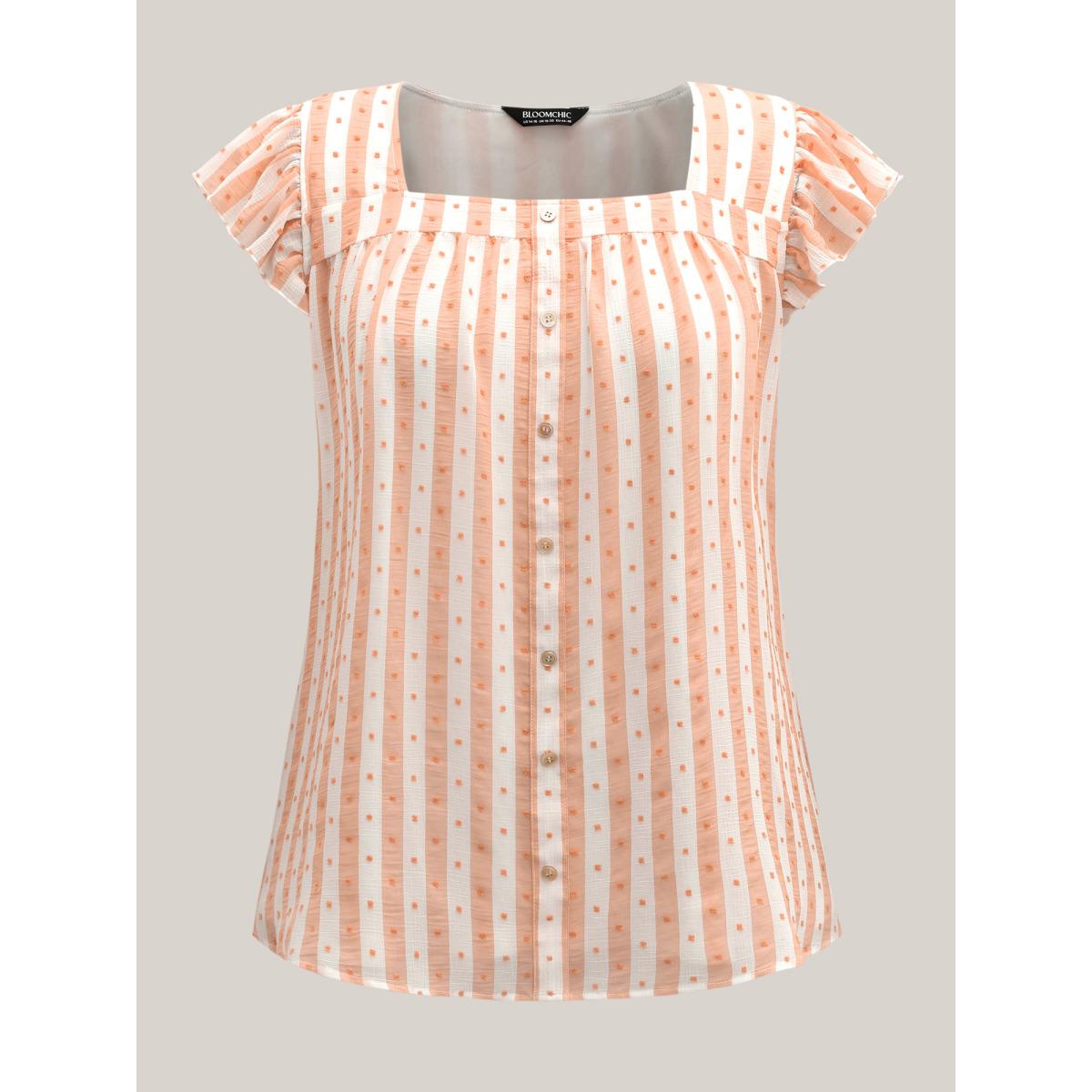 Plus Size Salmon Textured Stripe Print Flutter Sleeve Blouse Women Cap Sleeve Square Neck Everyday-Elegant Blouses BloomChic 26/4X Product Image