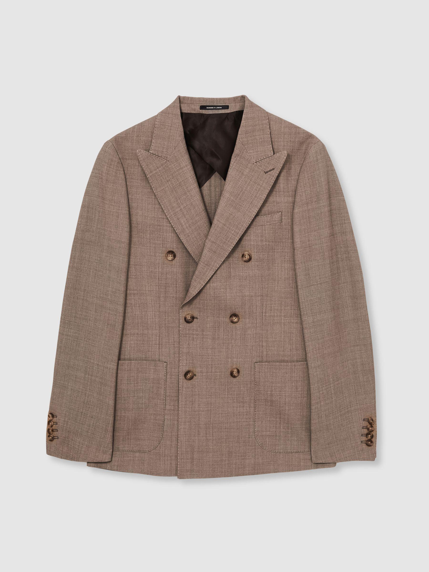 Slim-Fit Double-Breasted Textured Suit Blazer With Wool in Brown Product Image
