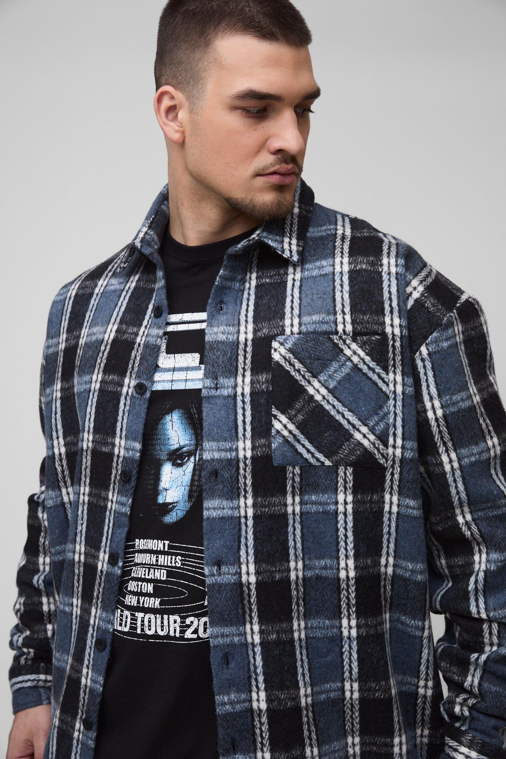 Tall Boxy Split Hem Brushed Flannel Shirt Jacket | boohooMAN USA Product Image