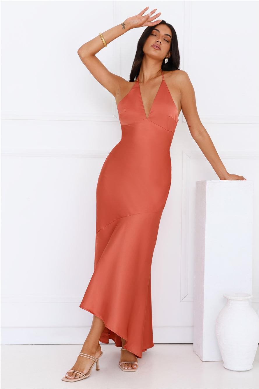 She Is Sublime Halter Satin Maxi Dress Brick Product Image