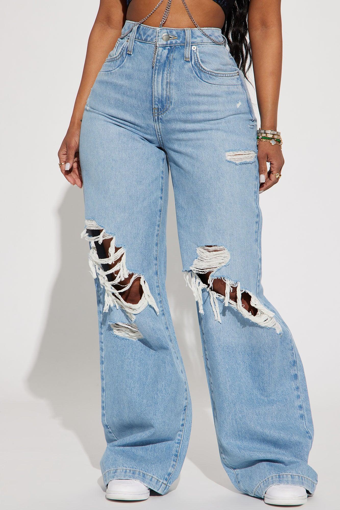 Not A Chance Ripped Non Stretch Wide Leg Jeans - Light Wash Product Image