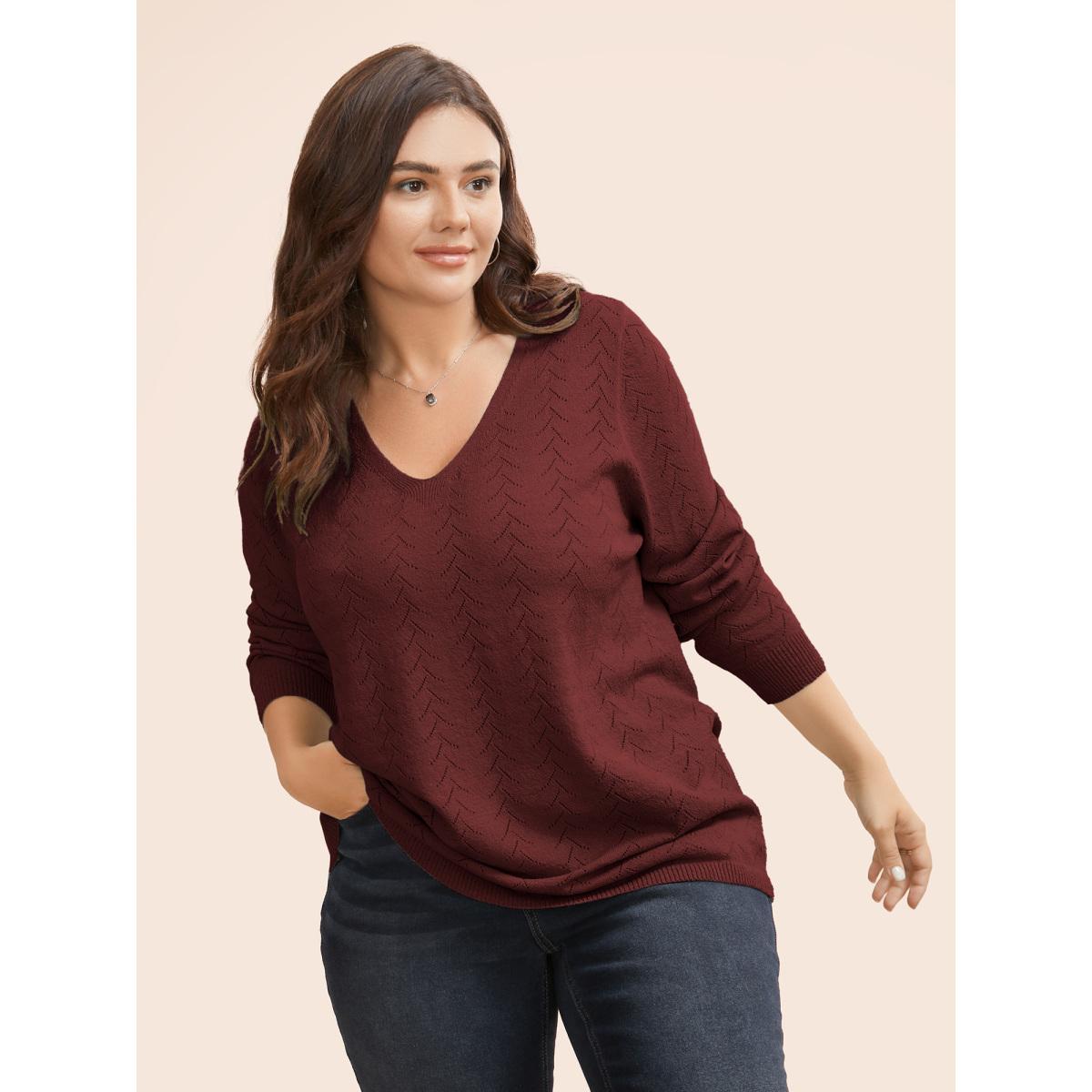 Plus Size Texture V Neck Lightweight Pullover Burgundy Women Casual Long Sleeve V-neck Everyday Pullovers BloomChic 30/6X Product Image