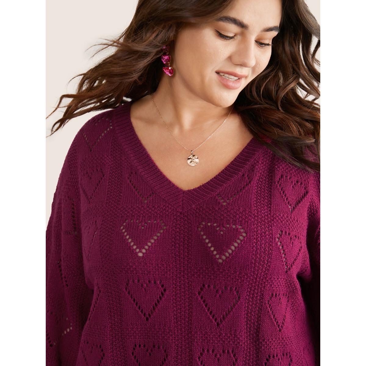 Plus Size Solid Heart Pointelle Lantern Sleeve Pullover Burgundy Women Elegant Long Sleeve V-neck Everyday Pullovers BloomChic 14-16/1X Product Image