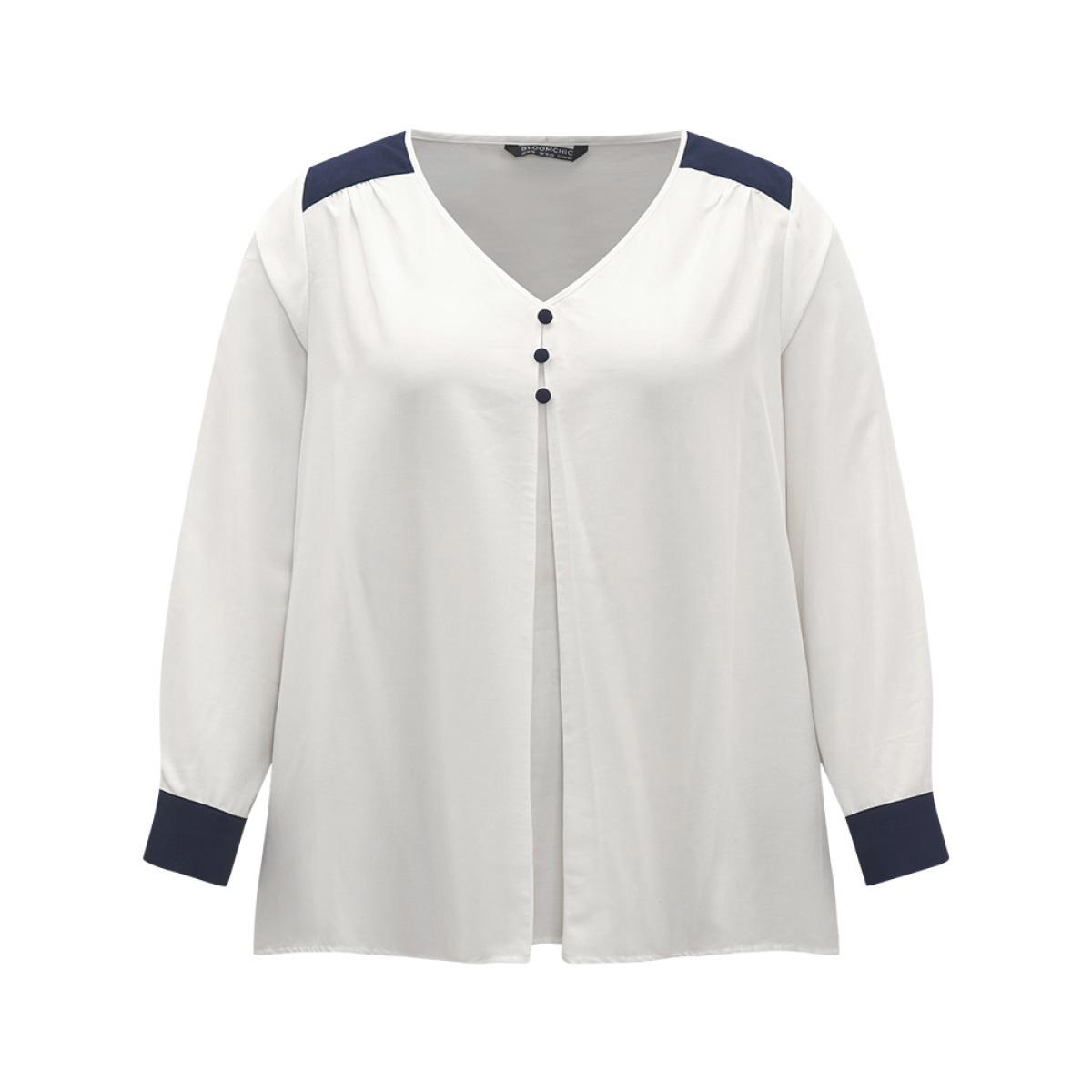 Plus Size Ivory Contrast Patchwork Plicated Button Detail Blouse Women Office Long Sleeve V-neck Work Blouses BloomChic 22-24/3X Product Image