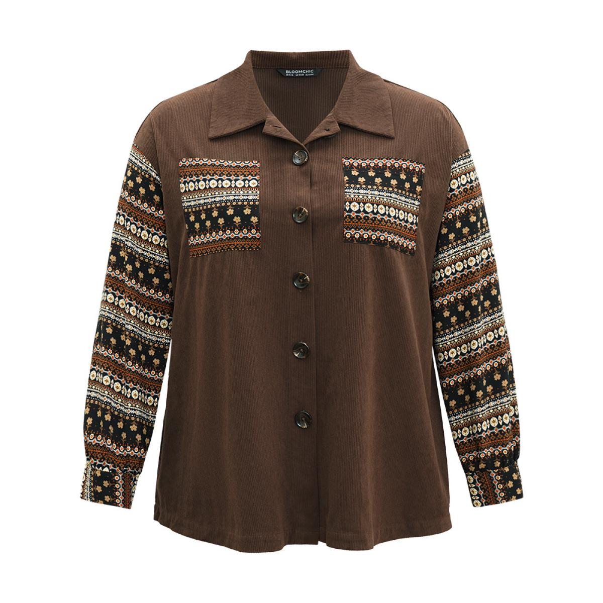 Plus Size Bandana Print Patchwork Button Through Jacket Women DarkBrown Contrast Pocket Dailywear Jackets BloomChic 26/4X Product Image