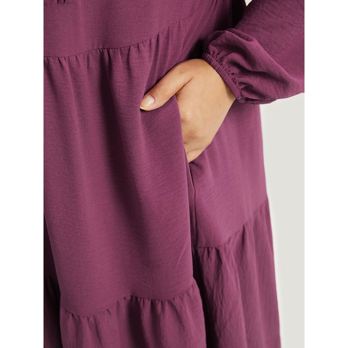 Plus Size Plain Plicated Detail Layered Hem Dress RedViolet Women Elegant Elastic cuffs Round Neck Long Sleeve Curvy Midi Dress BloomChic 10/M Product Image