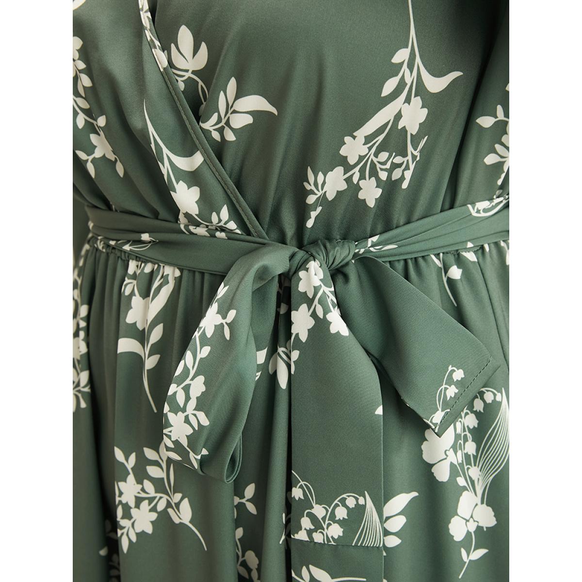Plus Size Floral Wrap Pocket Lantern Sleeve Belted Ruffle Dress Mint Women Elegant Printed V-neck Long Sleeve Curvy Midi Dress BloomChic 10/M Product Image